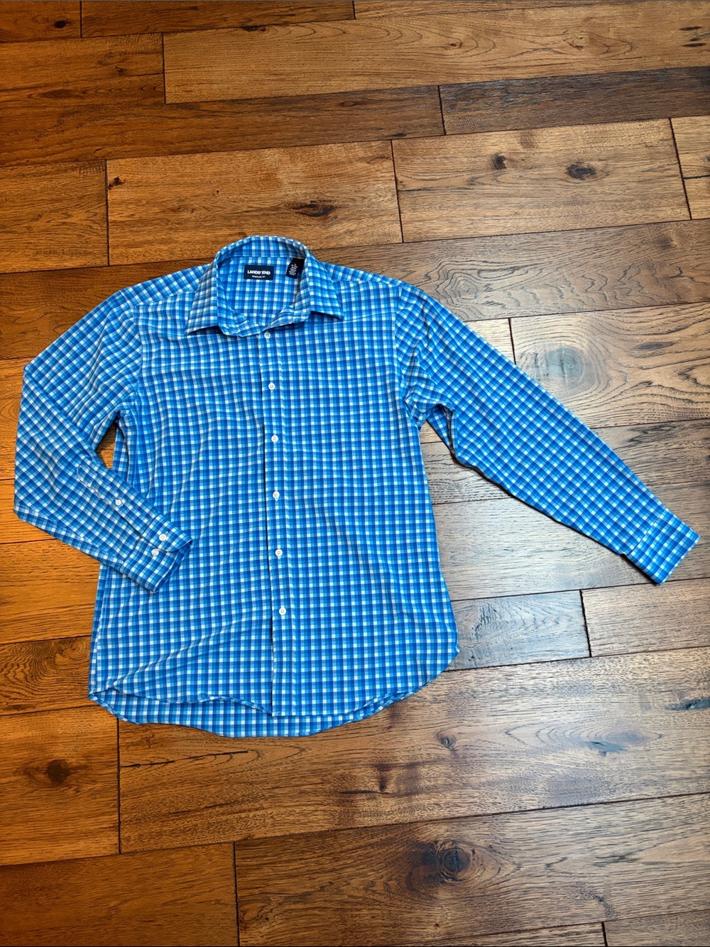 Lands' End Blue Plaid Men's Dress Shirt